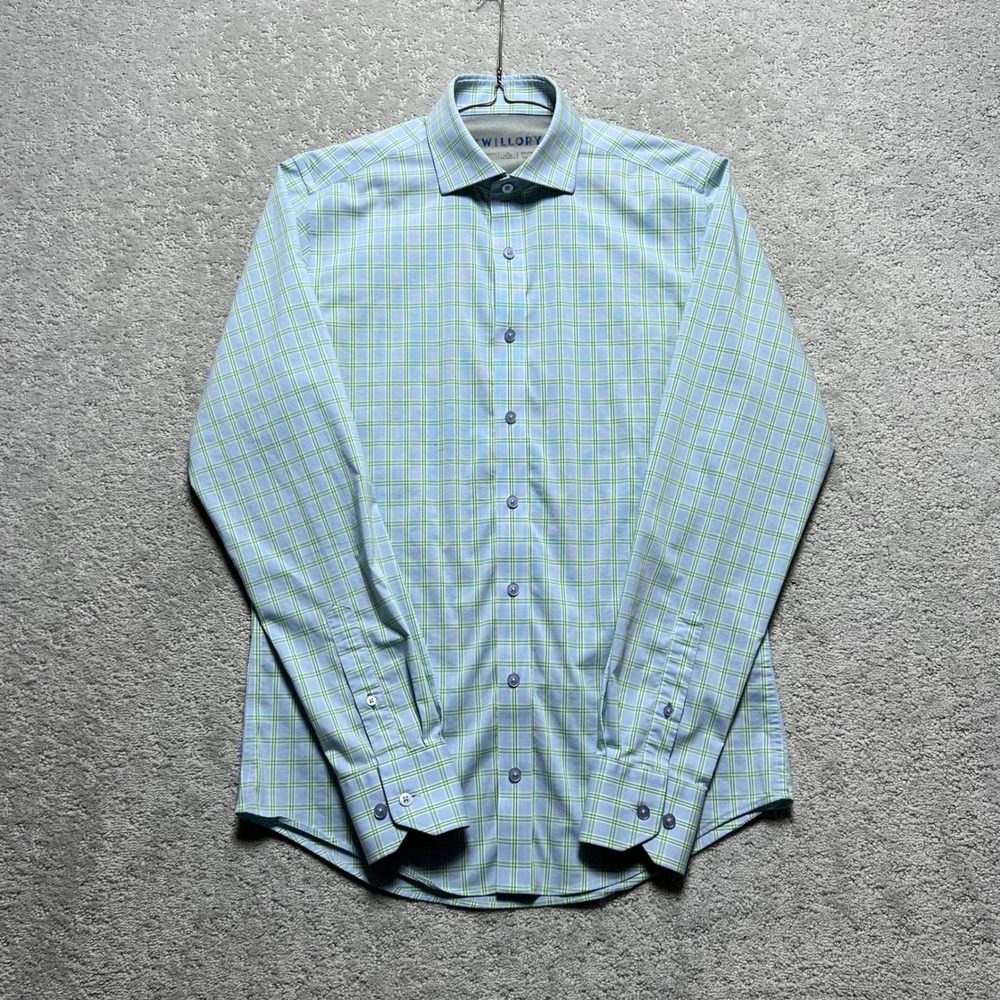 Twillory Performance Shirt Mens 15 34-35 Blue Green Plaid Tailored Fit Coolmax